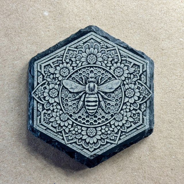 3D Illusion Honeybee Mandala | Engraved Slate Coaster